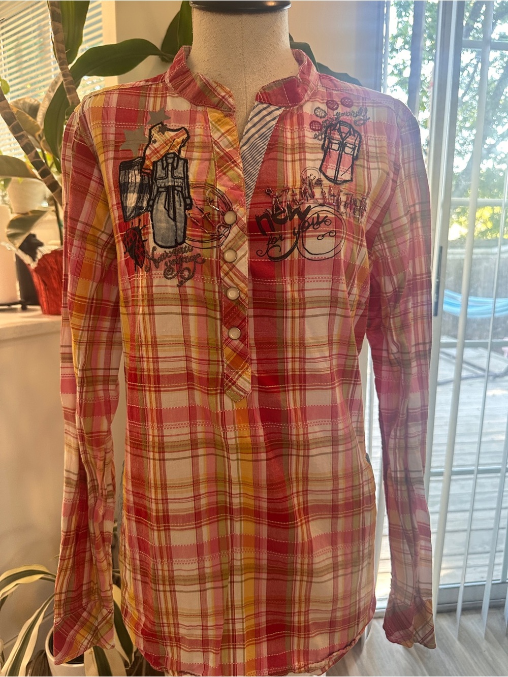 Desigual Red & Cream Plaid Button-Up Shirt with Embroidered Graphics